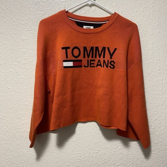 tommy hilfiger sweater small black knit cropped orange spell out $79 nwt tt - Picture 1 of 11